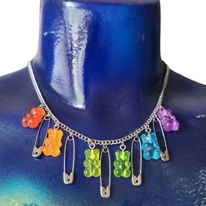 Silver Rainbow Gummy Bear Safety Pin Necklace